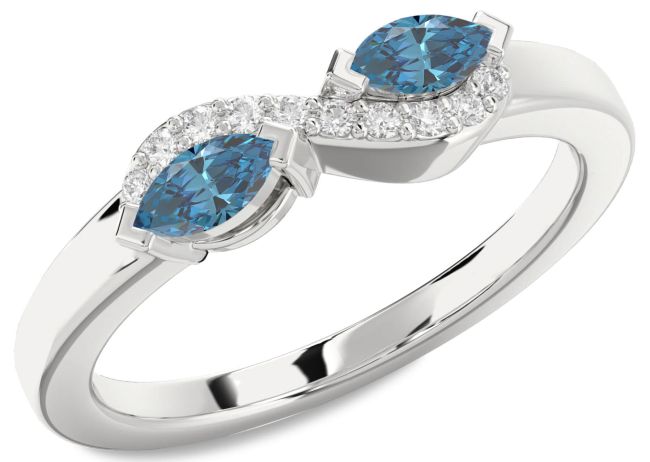 Blue Diamond Silver Marquise Two Stone Ring
