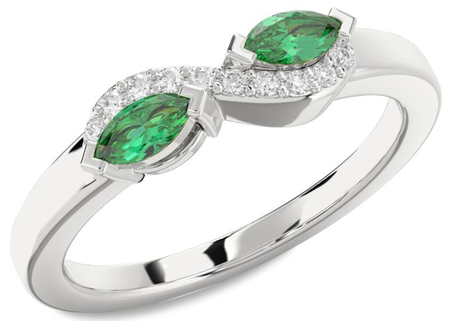 Diamond Emerald Silver Marquise Two Stone Birthstone Ring