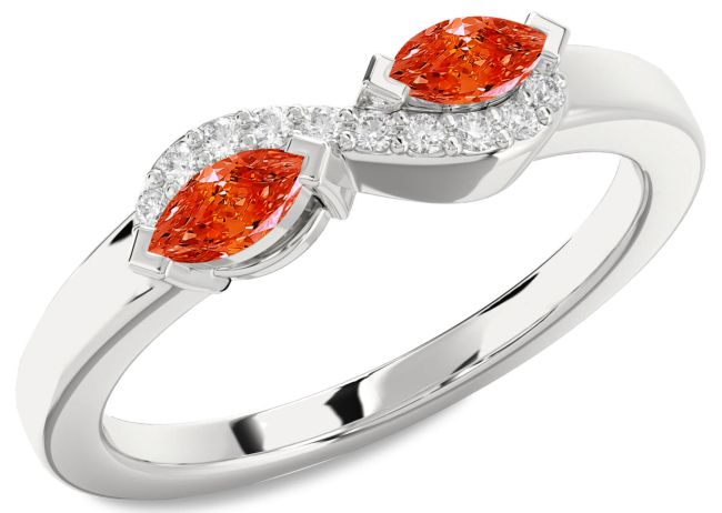 Diamond Fire Opal Silver Marquise Two Stone Ring
