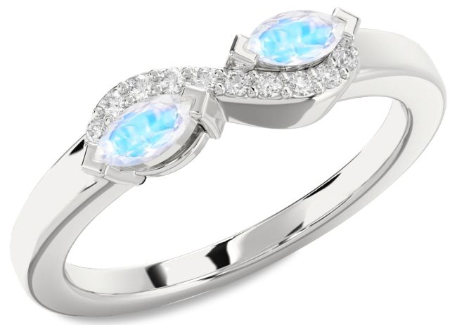Diamond Moonstone Silver Marquise Two Stone Ring
