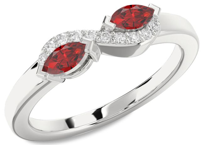 Diamond Ruby Silver Marquise Two Stone Birthstone Ring