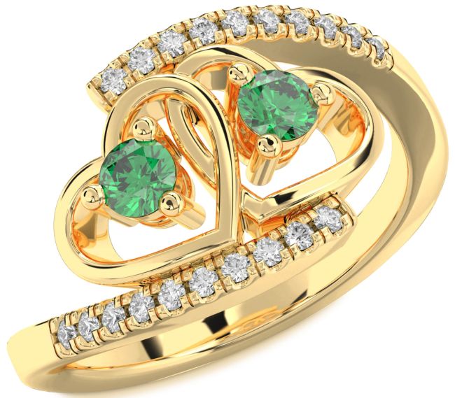 Diamond Emerald Gold Heart Two Stone Birthstone Ring