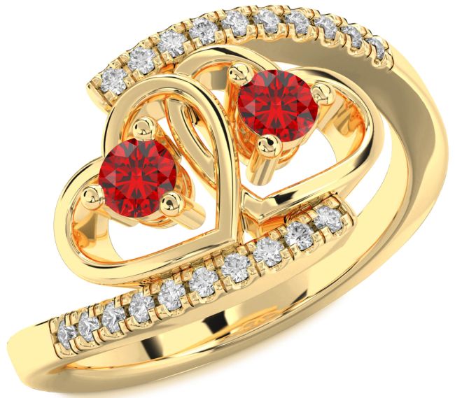 Diamond Ruby Gold Heart Two Stone Birthstone Ring