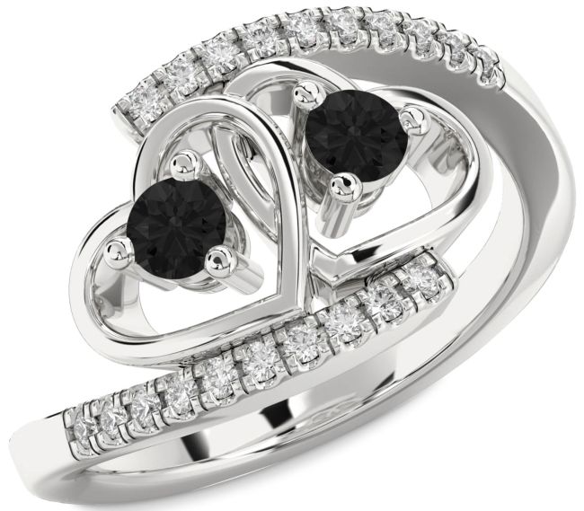 Black Diamond Silver Heart Two Stone Ring
