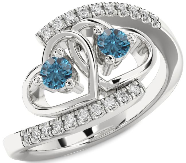 Blue Diamond Silver Heart Two Stone Ring