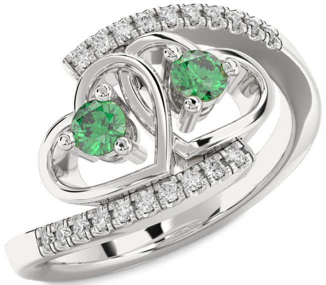 Diamond Emerald Silver Heart Two Stone Birthstone Ring