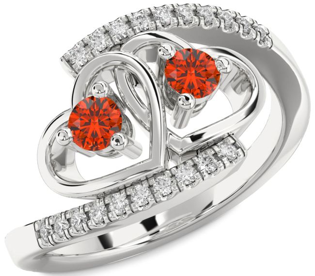 Diamond Fire Opal Silver Heart Two Stone Ring