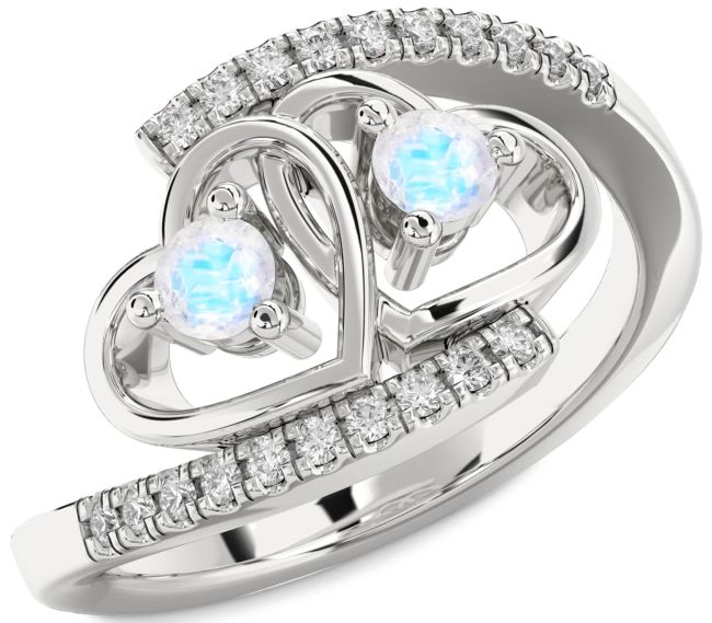 Diamond Moonstone Silver Heart Two Stone Ring