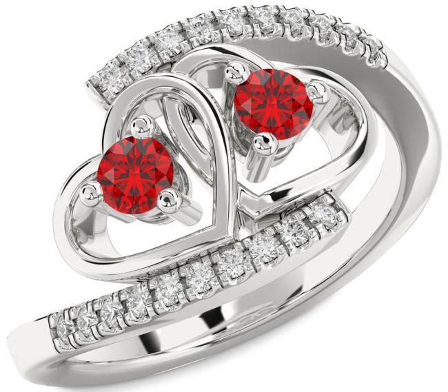Diamond Ruby Silver Heart Two Stone Birthstone Ring
