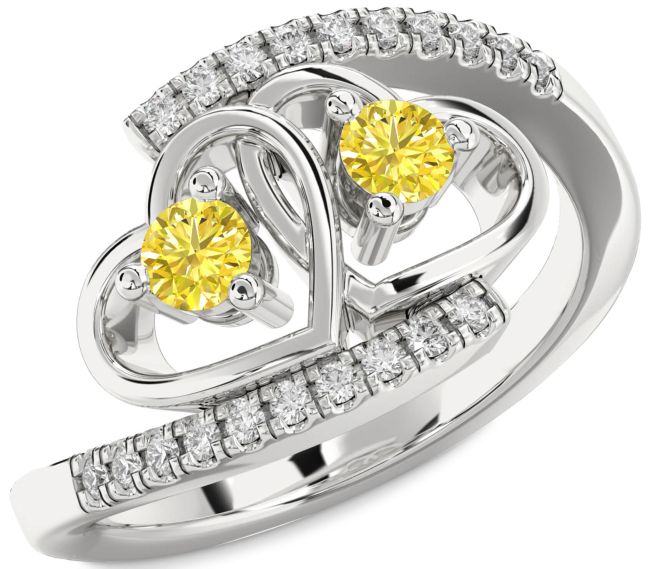 Yellow Diamond Silver Heart Two Stone Ring