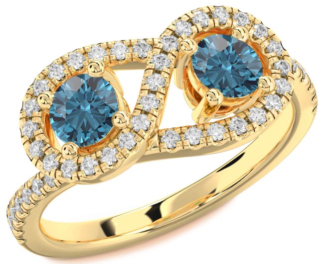 Blue Diamond Gold Infinity Round Two Stone Pave Ring