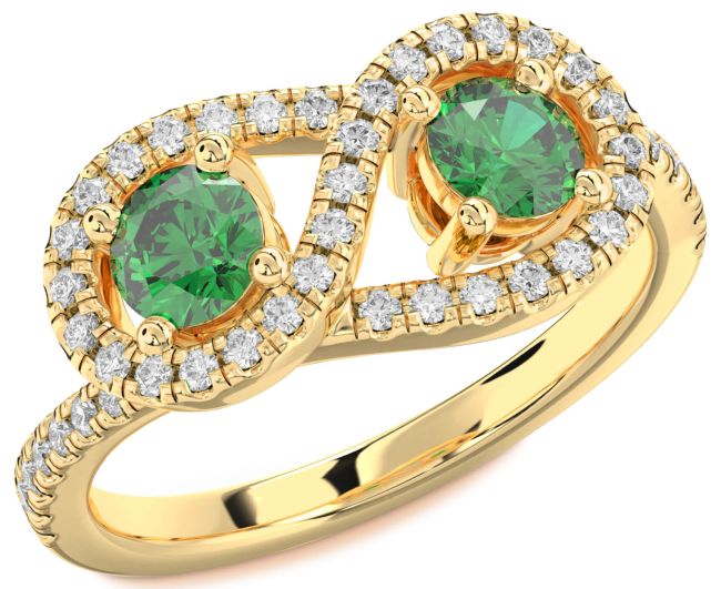 Diamond Emerald Gold Infinity Round Two Stone Pave Birthstone Ring