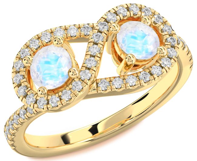 Diamond Moonstone Gold Silver Infinity Round Two Stone Pave Ring