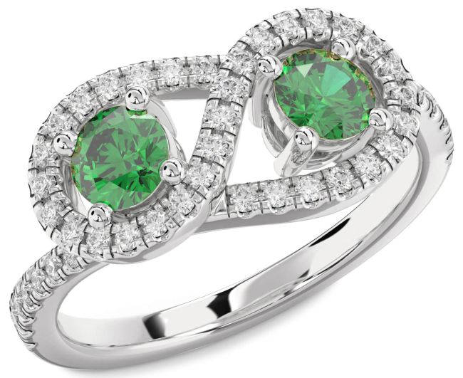 Diamond Emerald Silver Infinity Round Two Stone Pave Birthstone Ring