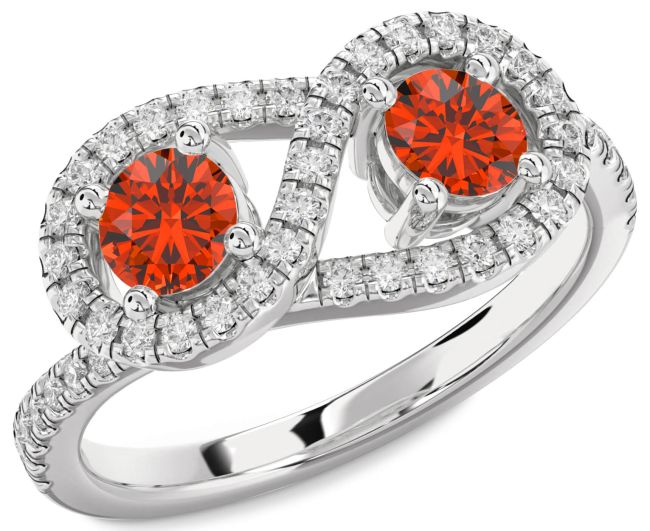 Diamond Fire Opal Silver Infinity Round Two Stone Pave Ring