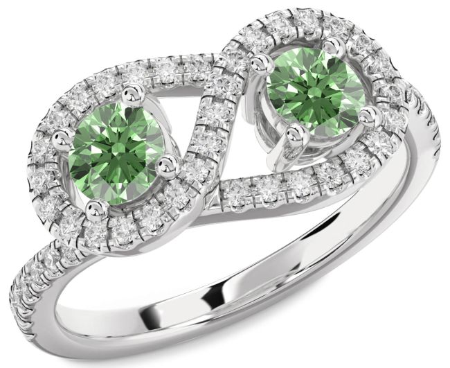 Green Diamond Silver Infinity Round Two Stone Pave Ring