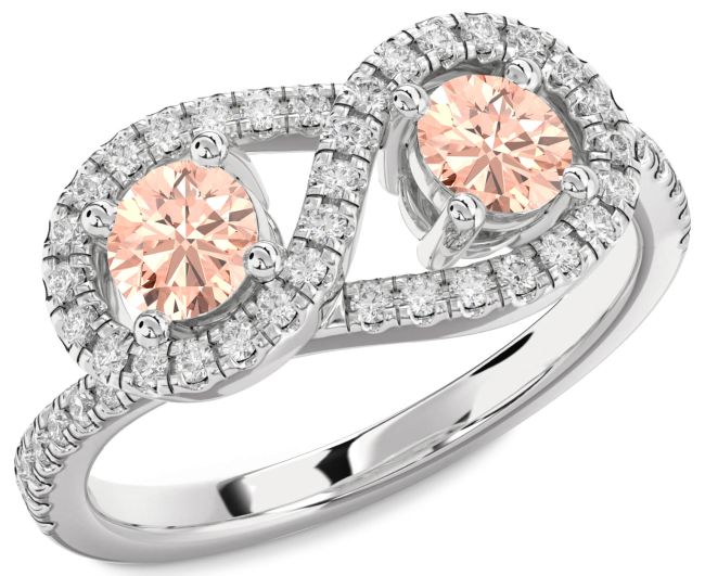 Diamond Morganite Silver Infinity Round Two Stone Pave Ring