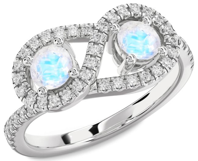 Diamond Moonstone Silver Infinity Round Two Stone Pave Ring