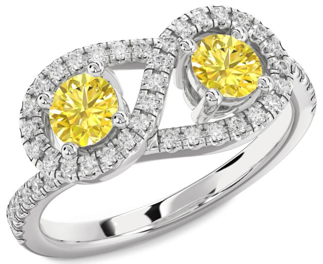 Yellow Diamond Silver Infinity Round Two Stone Pave Ring