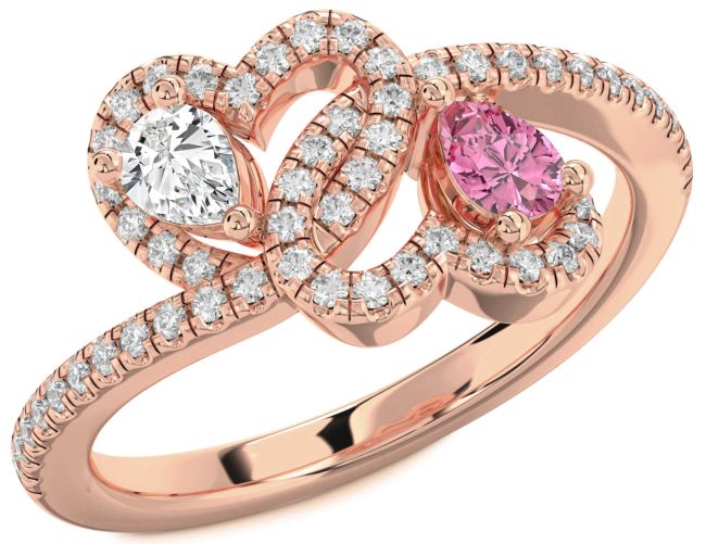 Diamond Rose Gold Silver Heart Two Stone Pave Promise Ring