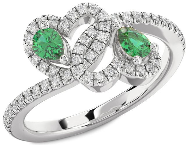 Diamond Emerald Silver Heart Two Stone Pave Birthstone Ring