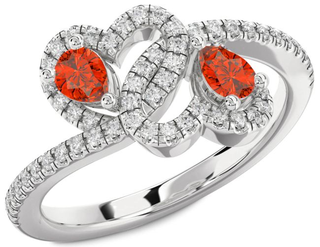 Diamond Fire Opal Silver Heart Two Stone Pave Ring