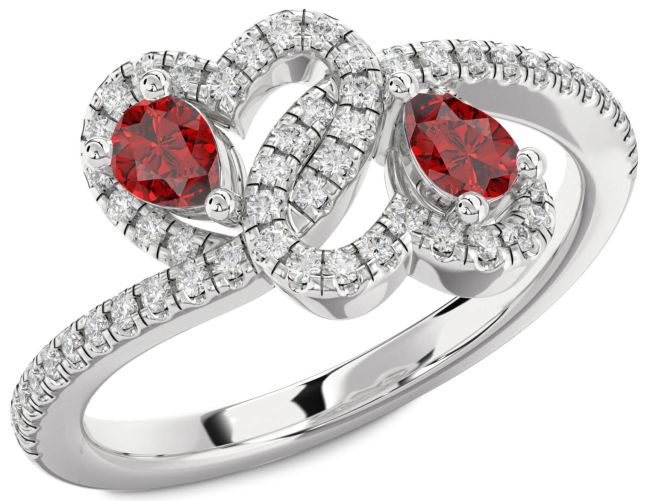 Diamond Ruby Silver Heart Two Stone Pave Birthstone Ring