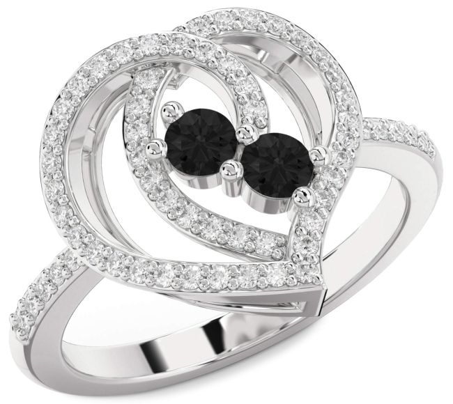 Black Diamond Silver Heart Two Stone Ring