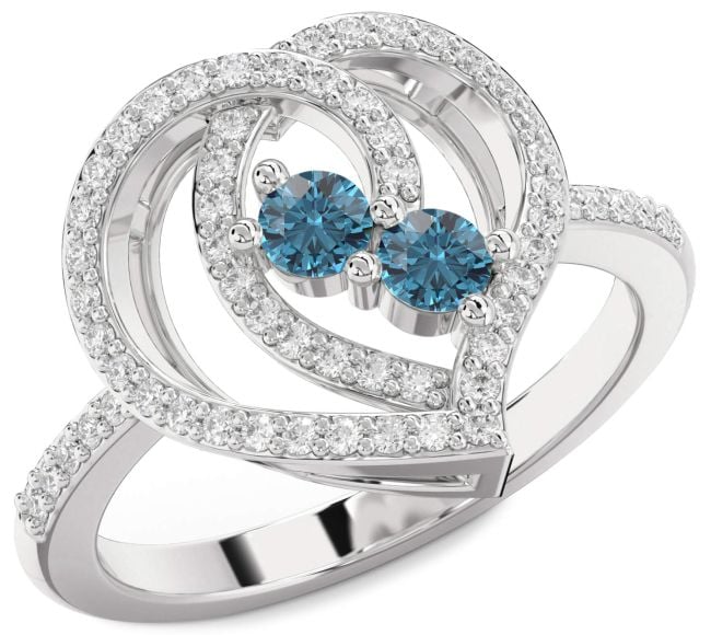 Blue Diamond Silver Heart Two Stone Ring