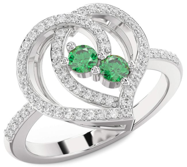 Diamond Emerald Silver Heart Two Stone Birthstone Ring