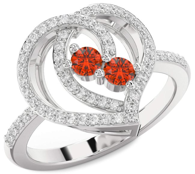 Diamond Fire Opal Silver Heart Two Stone Ring