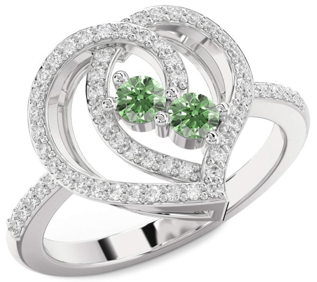 Green Diamond Silver Heart Two Stone Ring