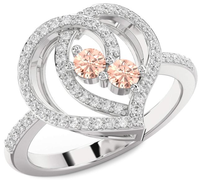 Diamond Morganite Silver Heart Two Stone Ring