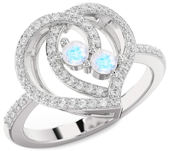 Diamond Moonstone Silver Heart Two Stone Ring