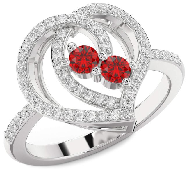 Diamond Ruby Silver Heart Two Stone Birthstone Ring