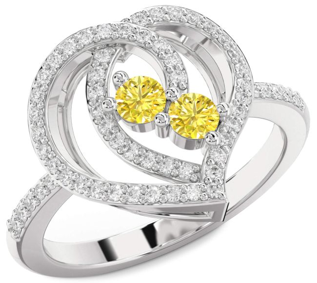 Yellow Diamond Silver Heart Two Stone Ring