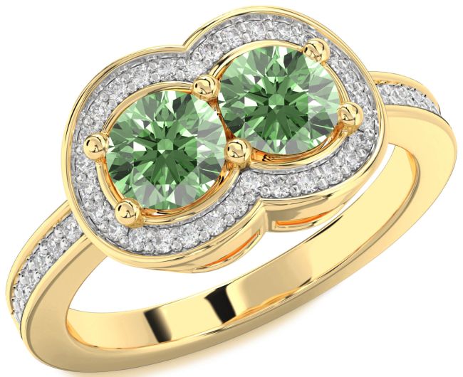 Green Diamond Gold Silver Infinity Round Two Stone Ring