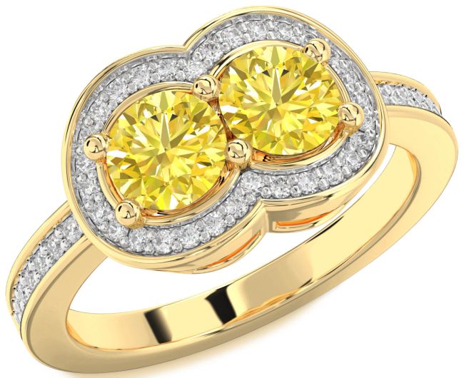 Yellow Diamond Gold Silver Infinity Round Two Stone Ring