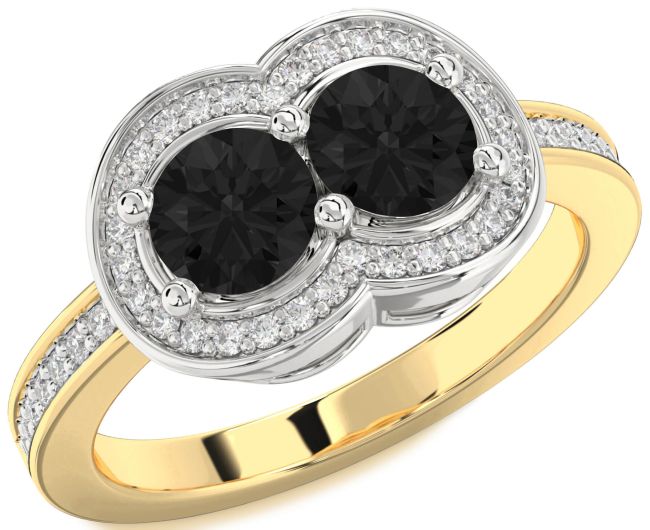 Black Diamond Gold Silver Infinity Round Two Stone Ring