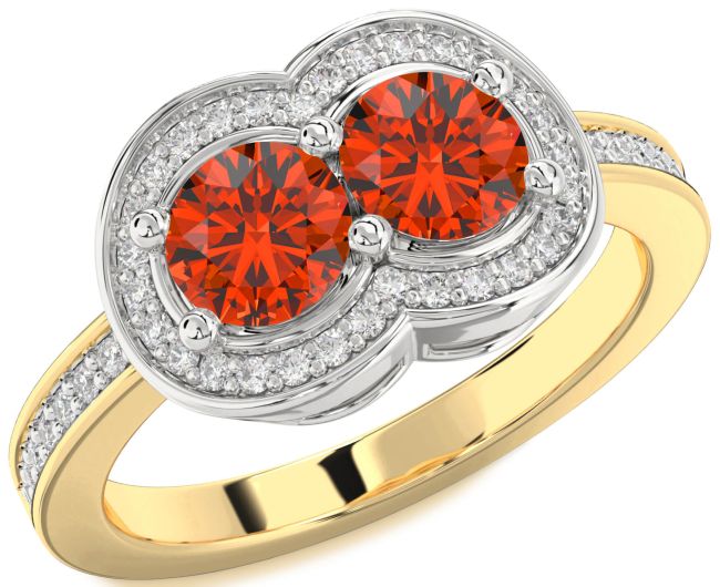 Diamond Fire Opal Gold Silver Infinity Round Two Stone Ring