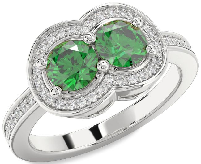 Diamond Emerald Silver Infinity Round Two Stone Birthstone Ring