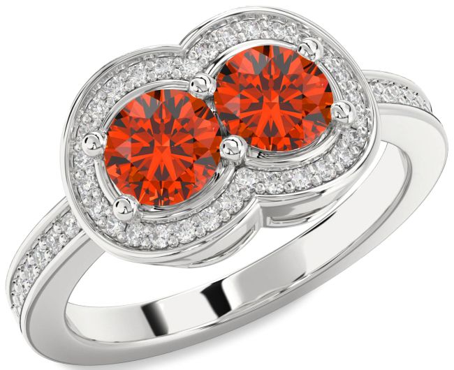 Diamond Fire Opal Silver Infinity Round Two Stone Ring