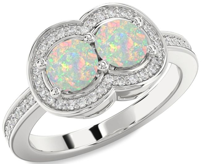 Diamond Opal Silver Infinity Round Two Stone Birthstone Ring