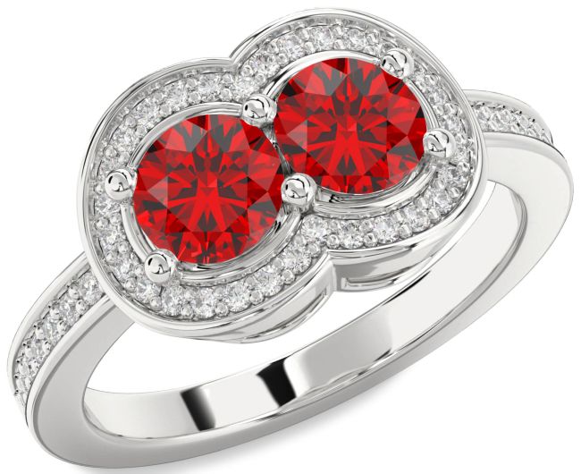Diamond Ruby Silver Infinity Round Two Stone Birthstone Ring