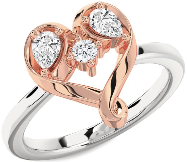 Diamond Rose Gold Silver Heart Three Stone Ring