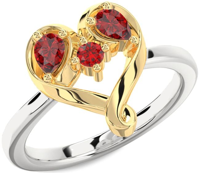 Ruby Gold Silver Heart Three Stone Birthstone Ring