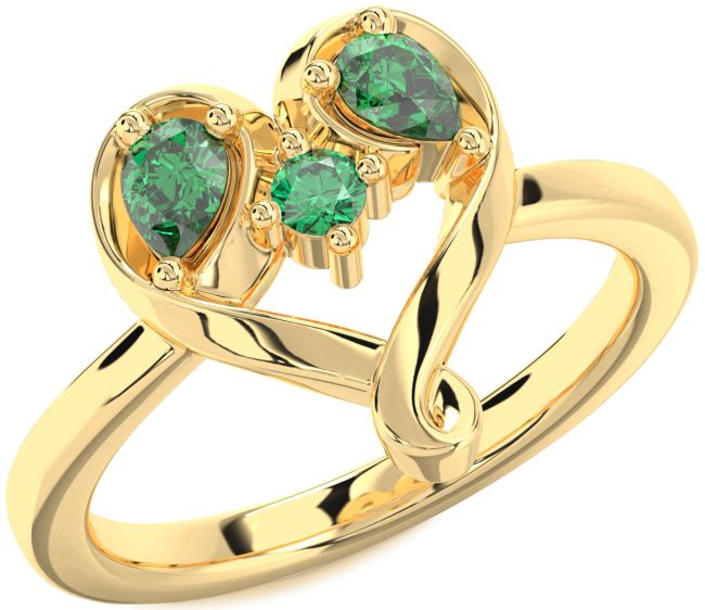 Emerald Gold Silver Heart Three Stone Birthstone Ring