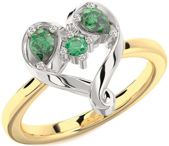 Emerald Gold Silver Heart Three Stone Birthstone Ring