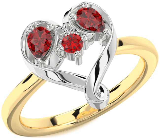 Ruby Gold Silver Heart Three Stone Birthstone Ring