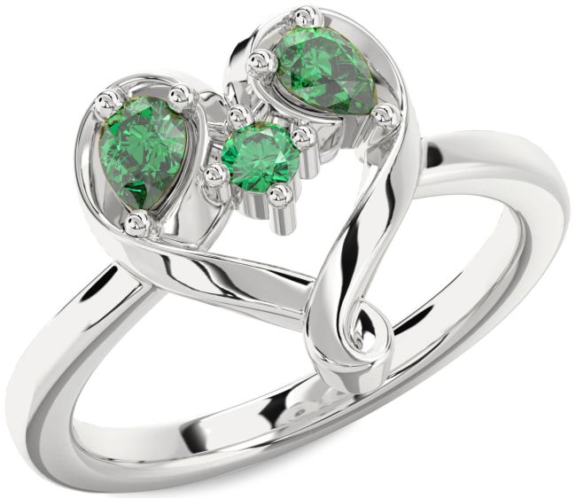 Emerald Silver Heart Three Stone Birthstone Ring